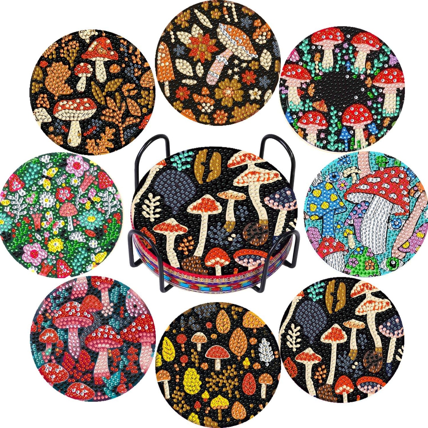 DOZEEZOP 8 PCS Diamond Art Coasters Kit, Mushroom Diamond Painting Coasters with Holder, Fall Diamond Art Kits for Adults Beginners, Arts and Crafts Supplies Party Item Sets
