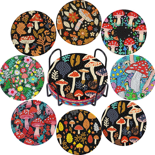 DOZEEZOP 8 PCS Diamond Art Coasters Kit, Mushroom Diamond Painting Coasters with Holder, Fall Diamond Art Kits for Adults Beginners, Arts and Crafts Supplies Party Item Sets