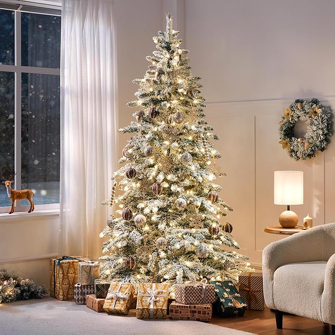 Yaheetech 7.5ft Pre-Lit Artificial Christmas Tree with 550 Warm White LED Lights & 1278 PVC Tips,Hinged Snow Flocked Xmas Tree with Foldable Stand & Protective Foot Caps,Green & White