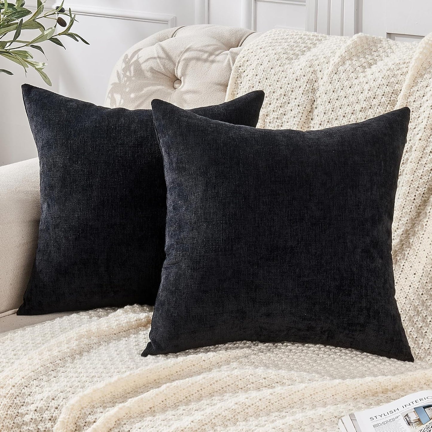 GAWAMAY Decorative Square Throw Pillow Covers 18"x18" Inch Set of 2, Super Soft Chenille Pillows Farmhouse Fall Pillowcase for Living Room Bedroom Sofa Couch Cushion Cover Black 45x45cm (No Insert)