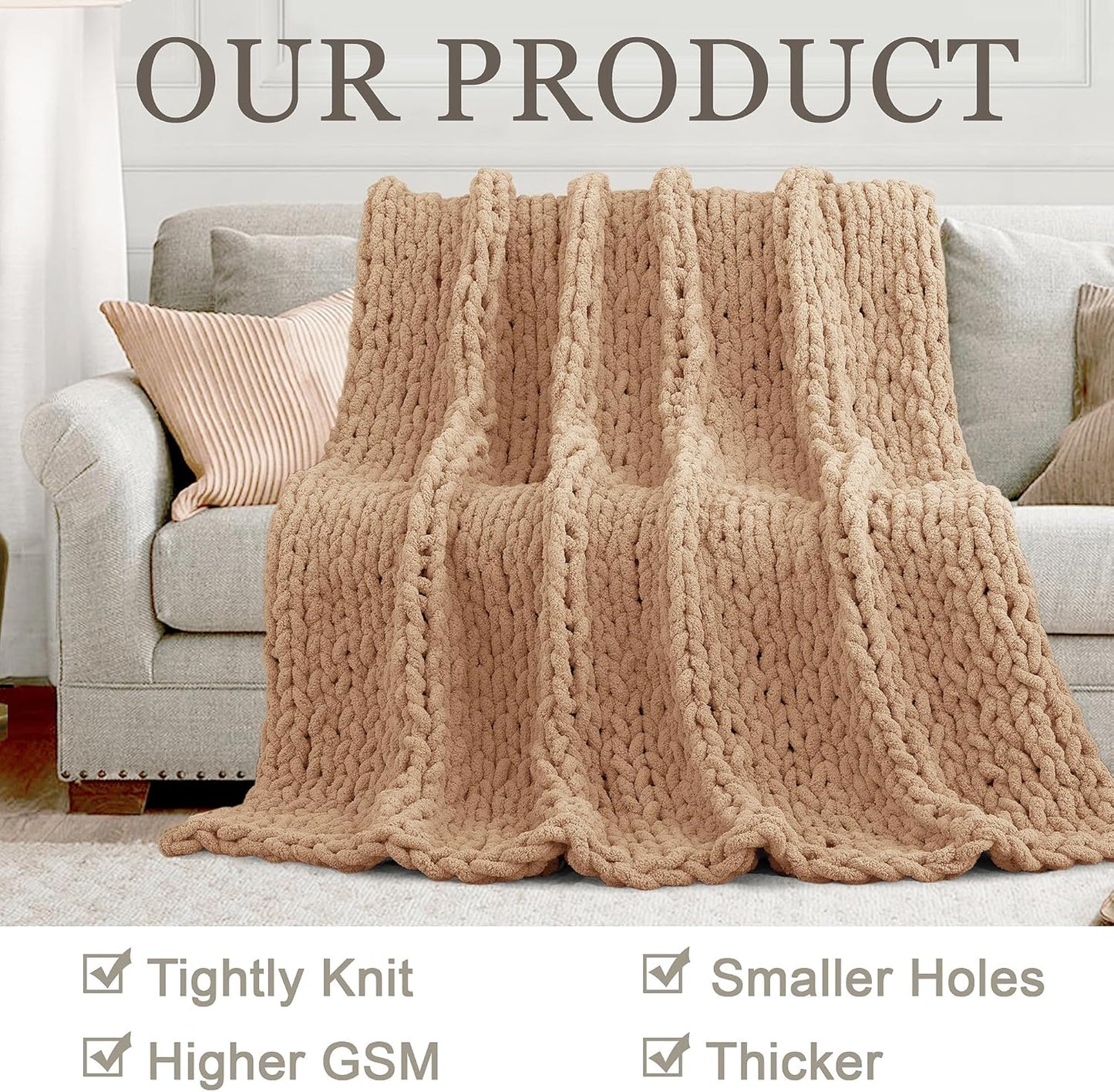 Chunky Knit Throw Blanket 60"X 80", 100% Handmade with Soft Chenille Yarn, 6.7lbs Thick Cable Knitted Blankets, Large Rope Knot Crochet Throws for Couch Sofa Bed Home Decor, Tan Brown