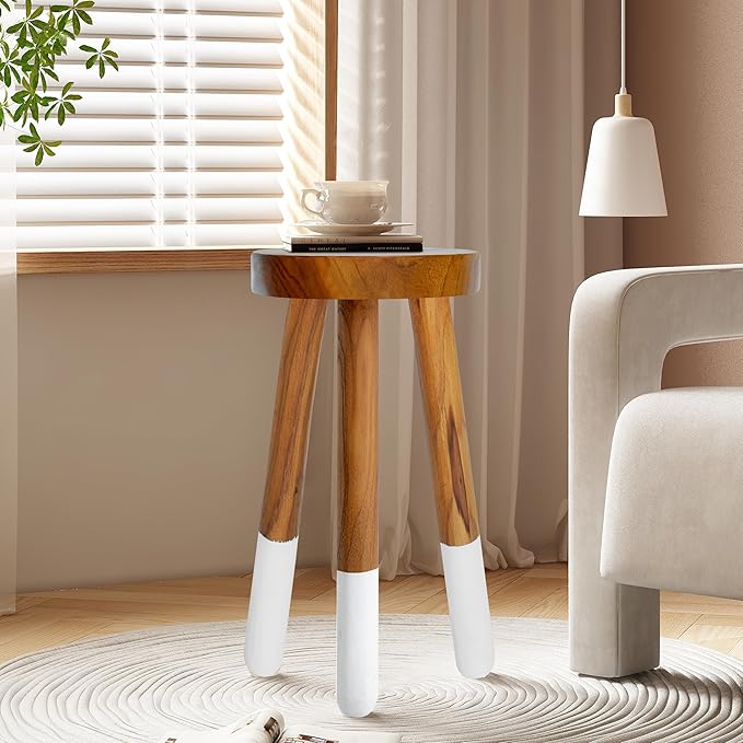 Teak 11.8" Round Dip Dyed Teak Stool | Wood Accent Side Table | Wood Plant Stand (20" Tall White)