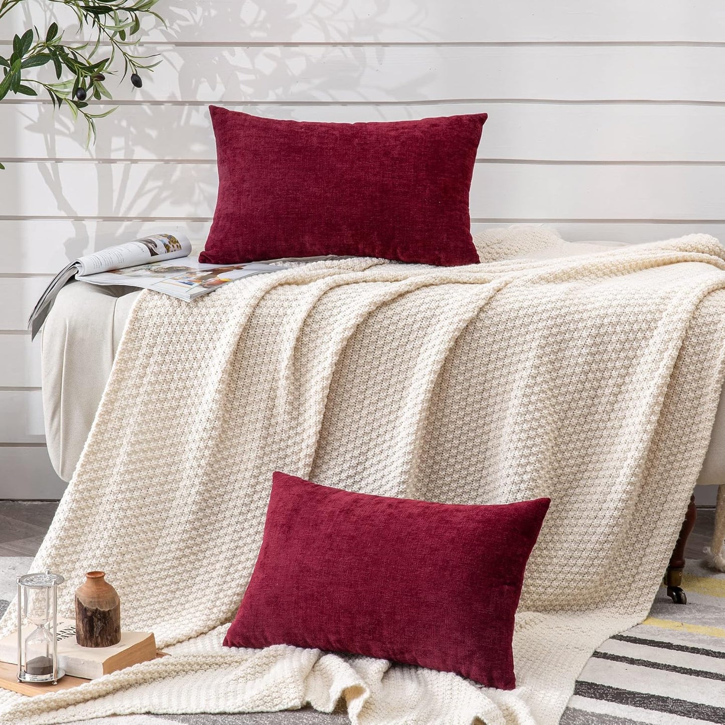 GAWAMAY Lumbar Decorative Throw Pillow Covers 12"x20" Inch Set of 2, Super Soft Chenille Rectangle Pillowcase for Living Room Bedroom Sofa Couch Cushion Pillow Cover Burgundy Red 30x50cm (ONLY COVERS)