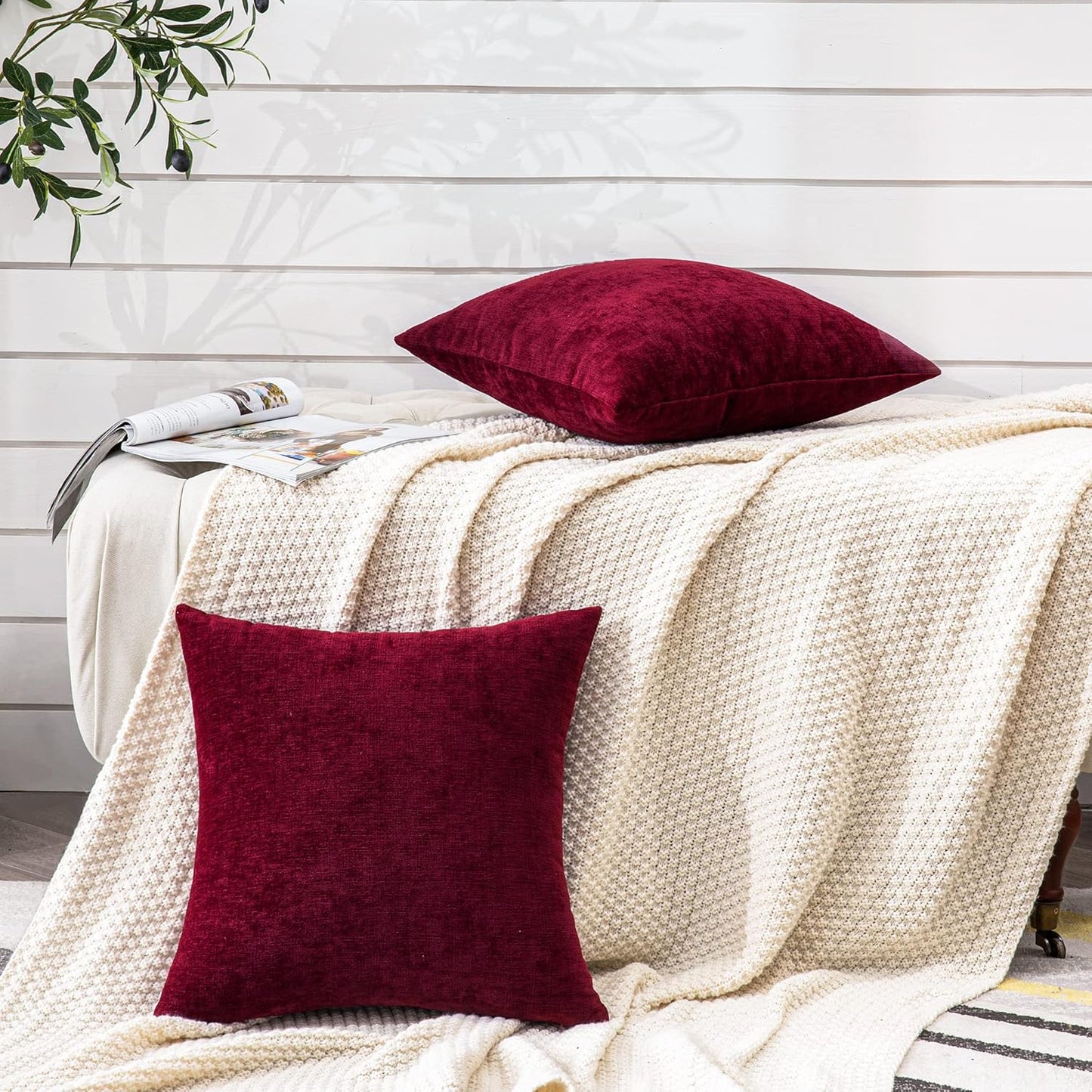 GAWAMAY Decorative Throw Pillow Covers 16x16 Inch Set of 2, Super Soft Chenille Square Pillows Farmhouse Fall Pillowcase for Living Room Bedroom Sofa Couch Cushion Cover Burgundy Red 40x40cm