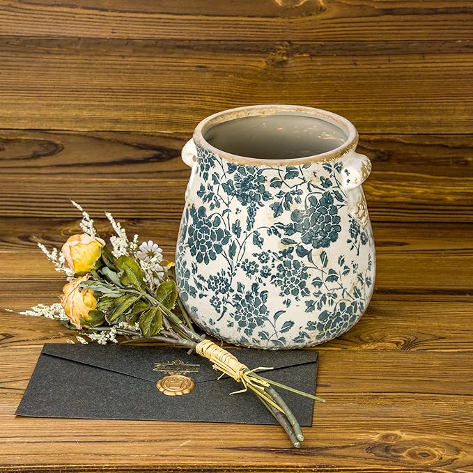 Teal Ceramic Pot for Planter, Vintage Flower Pot with Drainage Holes, 6.3 inch Ice Crack Glazed Indoor Planters Pot with Handle (Cyan)