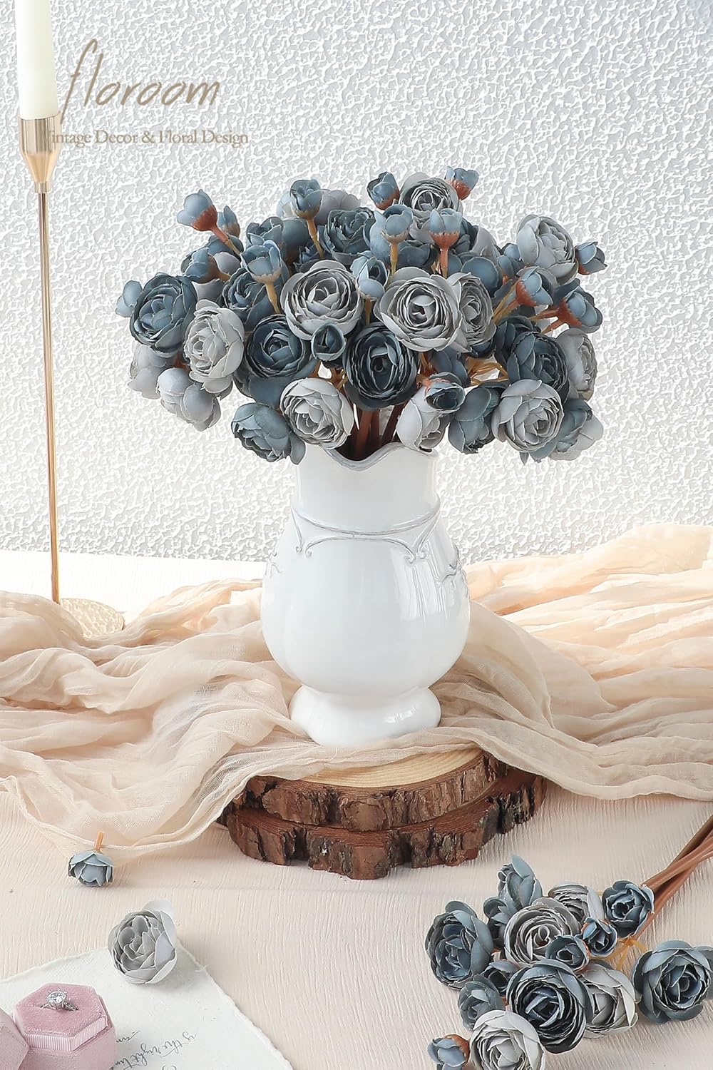 Floroom Ranunculus Artificial Flowers 18 Pcs Dusty Blue Faux Silk Mini Ranunculus Bulk Fake Wedding Filler Flowers for DIY Bouquets, Centerpieces, Bridal Shower Decorations & Arrangements