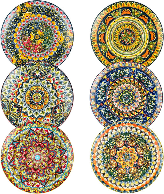 Henten Home Dinner Plates Set of 6, 10.5 Inch Porcelain Plate, Colorful Bohemian Serving Dishes for Kitchen, Pasta, Salad, Decorative, Microwave & Dishwasher Safe
