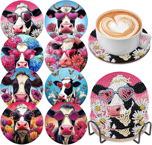 DOZEEZOP 8 PCS Diamond Art Coasters Kit, 5D Diamond Painting Coasters with Holder, Fall Small Diamond Art Kits for Adults Beginners, Diamond Dots Arts and Crafts Supplies Cow