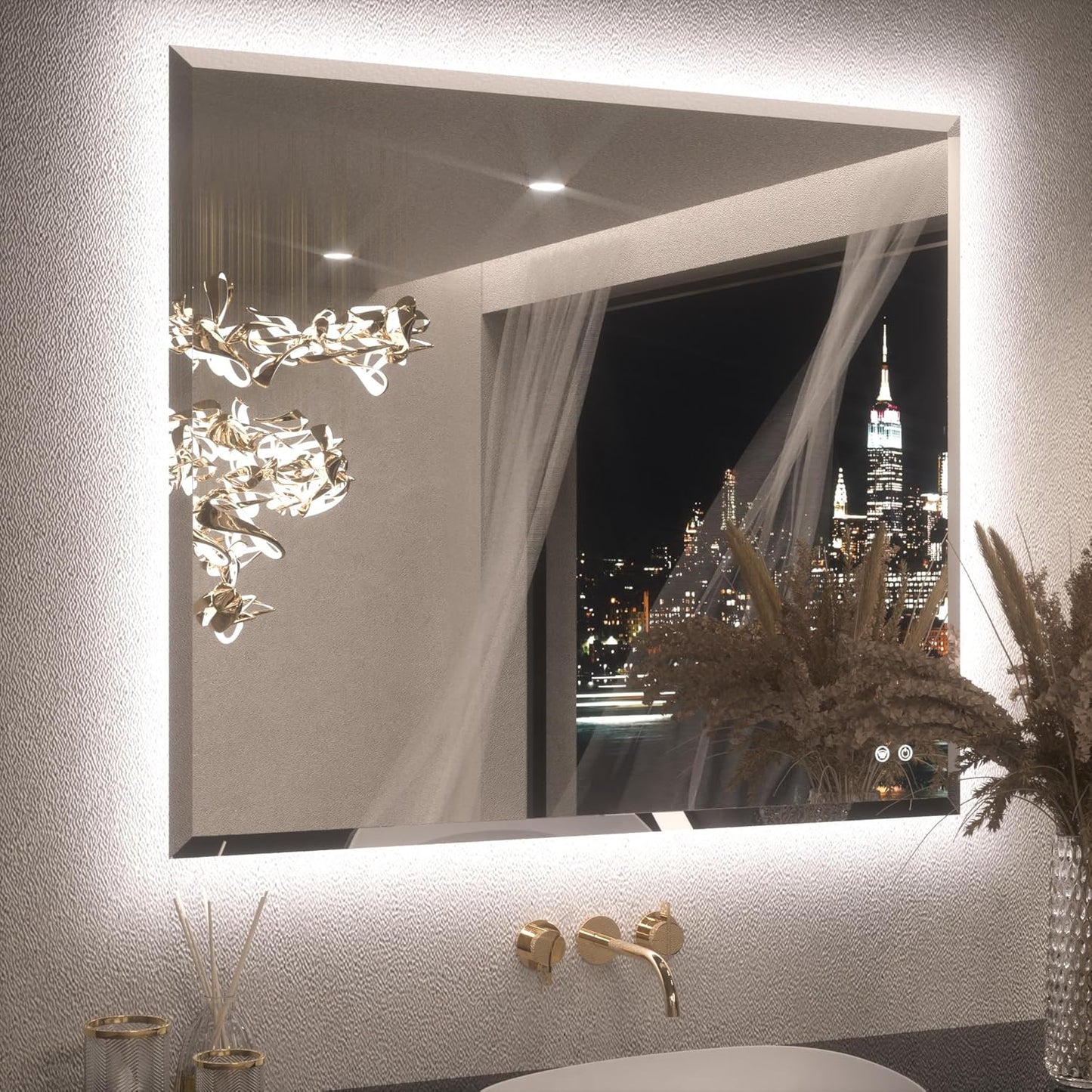 Keonjinn 42 x 36 Inch Backlit Bathroom Mirror with Lights, Frameless LED Mirror with Beveled Edge, HD Tempered Glass, UL-Listed Driver, 3000K/4500K/6500K, Defogging, Lighted Mirrors for Bathroom Wall