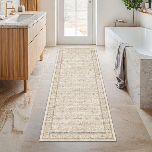 Long Ivory Farmhouse Hallway 2'6''x8' Runner Rug, Washable Non Slip Runner for Kitchen, Entryway, Low Pile Floral Stain Resistant Neutral Rugs