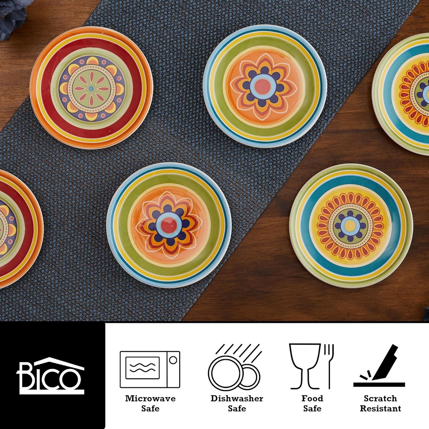 Bico Tunisian Pattern Appetizer Plates Set of 6, 6 Inch Small Ceramic Dessert Plates for Snacks, Salad, Tablescape, Microwave and Dishwasher Safe, Gift for Housewarming and Thanksgiving
