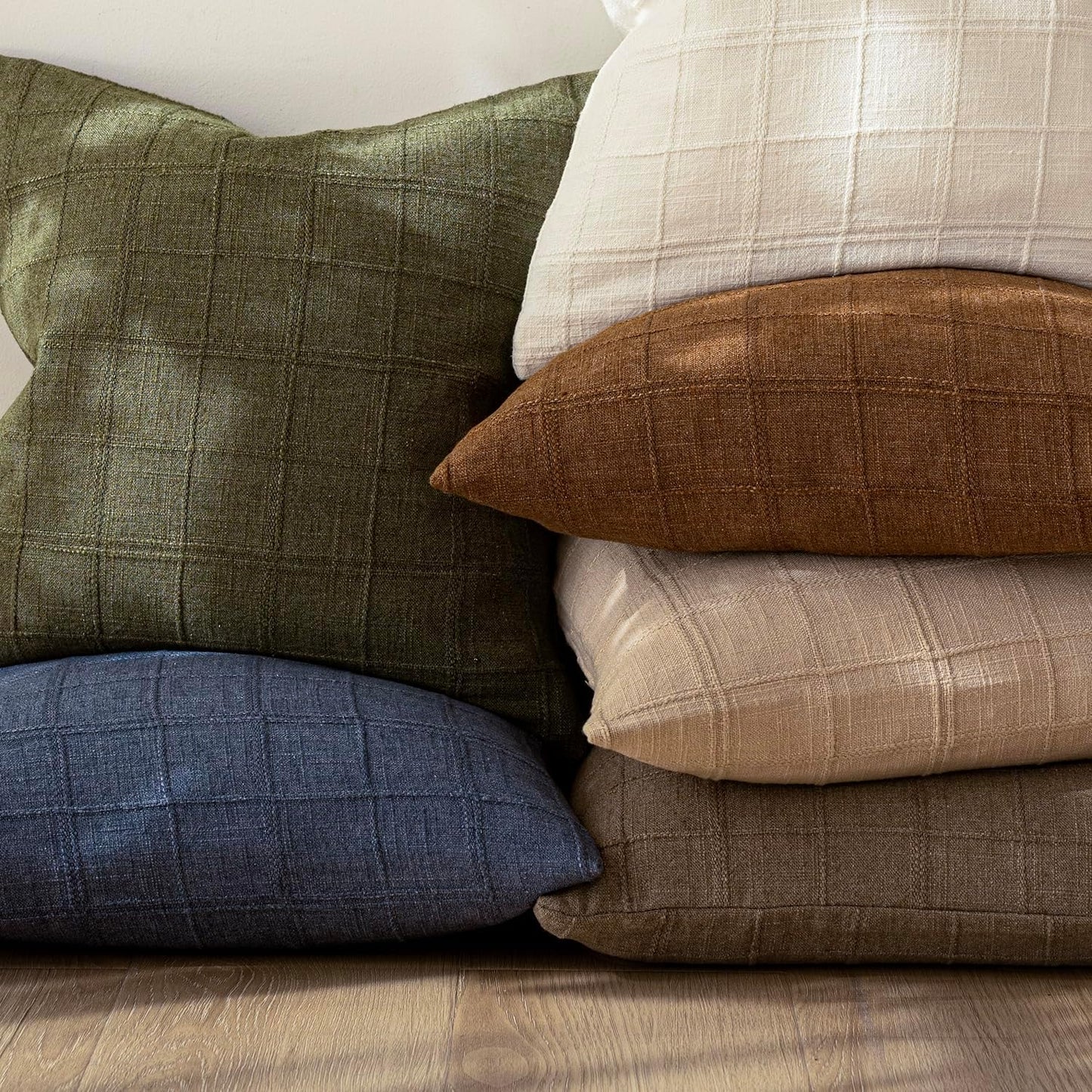 Foindtower Set of 2 Decorative Linen Check Throw Pillow Covers Neutral Farmhouse Vintage Cushion Covers Modern Boho Home Decor for Sofa Chair Couch Bedroom Living Room,24×24 Inch,Light Brown