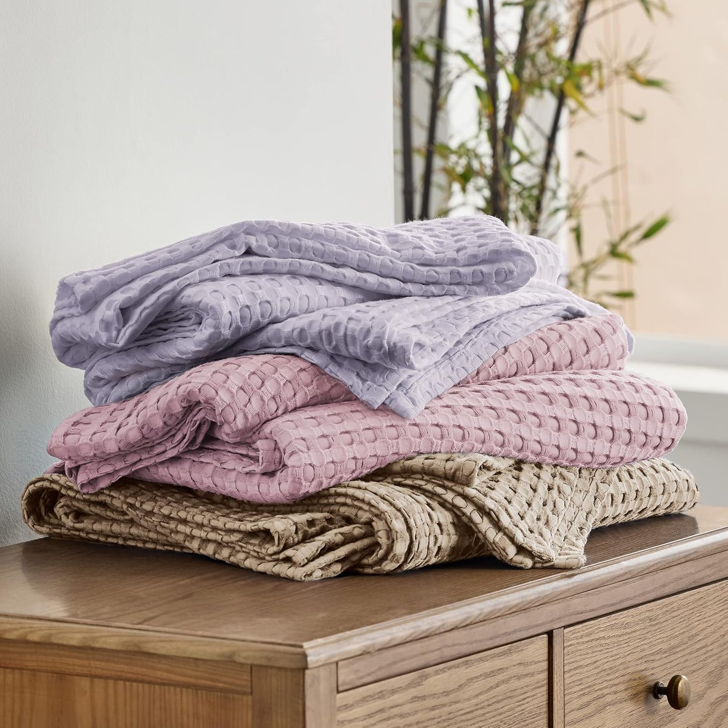 Bedsure Cooling Cotton Waffle Queen Size Blanket -Lightweight Breathable Fall Blanket of Rayon Derived from Bamboo for Hot Sleepers, Luxury Throws for Bed, Couch and Sofa, Taupe, 90x90 Inches