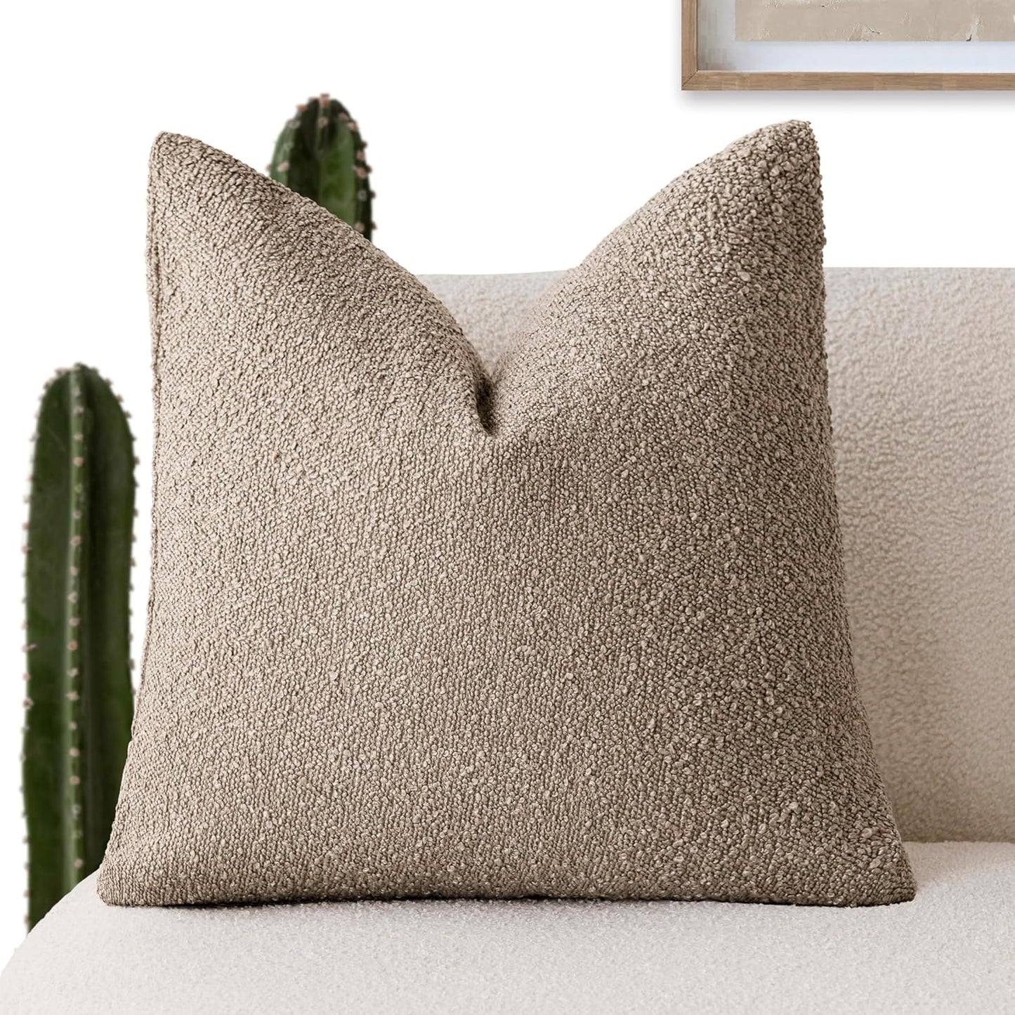 Foindtower Decorative Textured Boucle Throw Pillow Covers Accent Solid Pillow Cases Neutral Soft Cozy Couch Cushion Case for Chair Sofa Bedroom Living Room Home Decor 16x16 Inch,1PC,Light Khaki Tan
