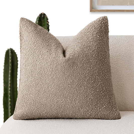 Foindtower Decorative Textured Boucle Throw Pillow Covers Accent Solid Pillow Cases Neutral Soft Cozy Couch Cushion Case for Chair Sofa Bedroom Living Room Home Decor 16x16 Inch,1PC,Light Khaki Tan