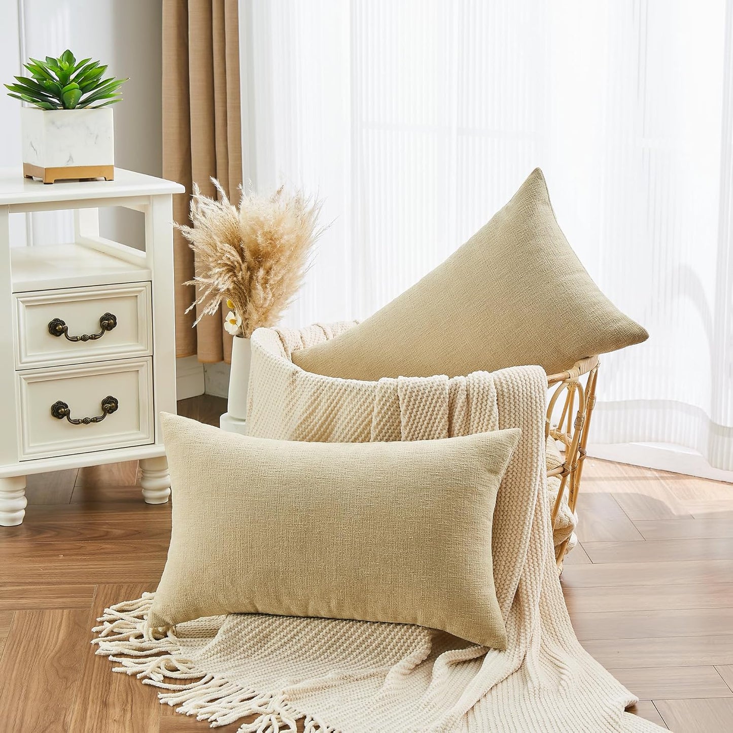 GAWAMAY Lumbar Decorative Throw Pillow Covers 12"x20" Inch Set of 2, Super Soft Chenille Rectangle Pillowcase for Living Room Bedroom Sofa Couch Cushion Support Pillow Cover 30x50cm Khaki (No Insert)