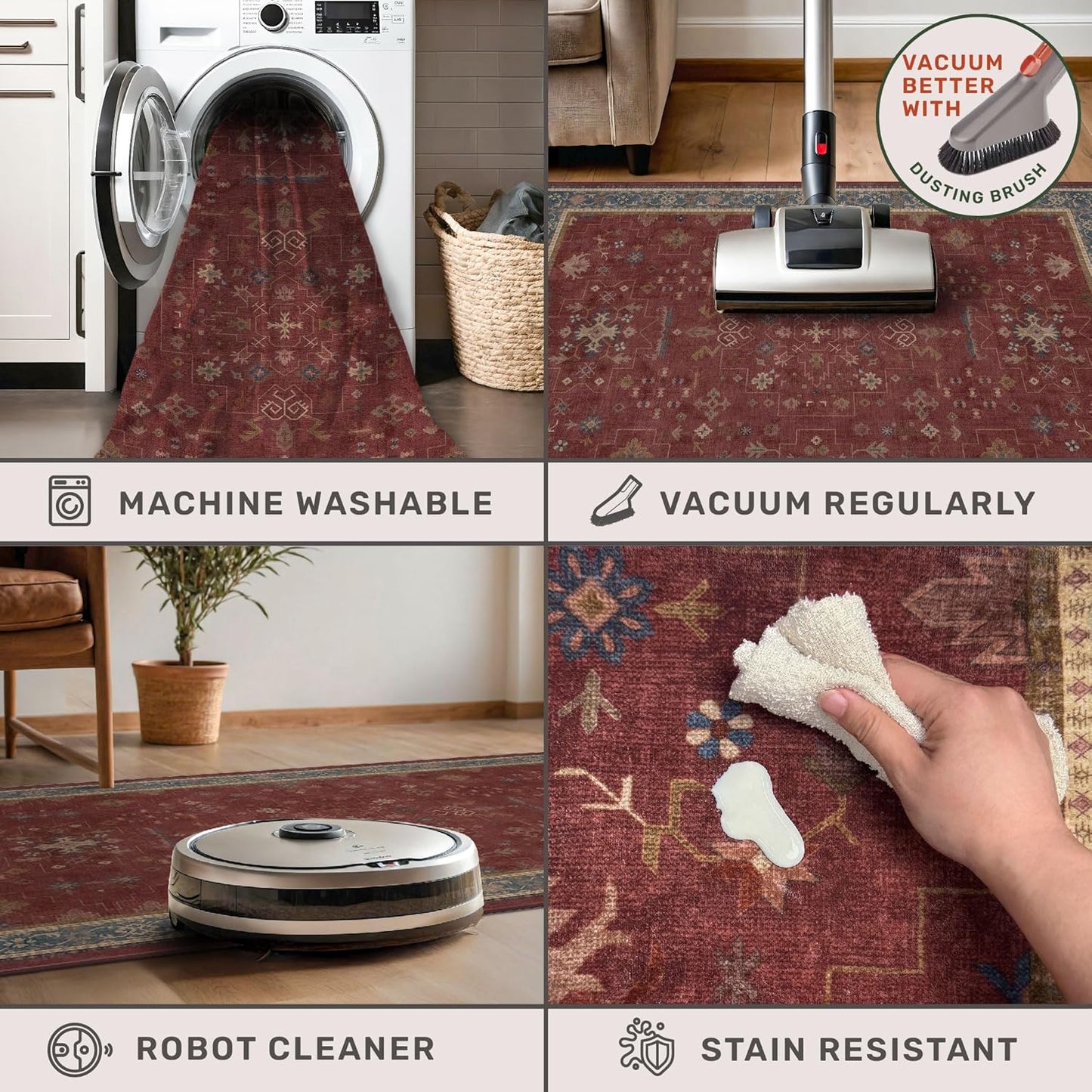 Dark Red 2'6''x8' Wide Hallway Runner Rug - Washable Kitchen Sink Rug, Non Slip 8ft Long Runner Rug for Entryway, Burgundy Turkish Floral Print Home Décor