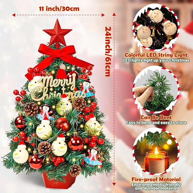 2FT Tabletop Mini Christmas Tree, 24 Inch Small Artificial Christmas Tree with Warm LED Lights, Star Treetop, DIY Ornaments, New Xmas Pine Tree Decoration for Kid Friend Family Holiday Home Office