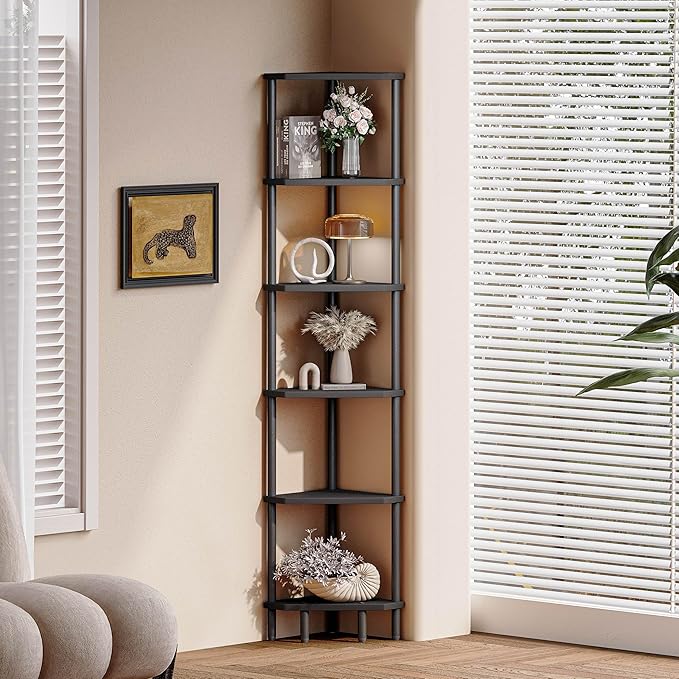 6 Tier Corner Shelf, 66.5'' Tall Standing Shelf, Narrow Display Shelf Stand, Modern Corner Bookshelf, Plant Stand, Corner Bookcase for Living Room, Bedroom, Bathroom, Black LCS502B