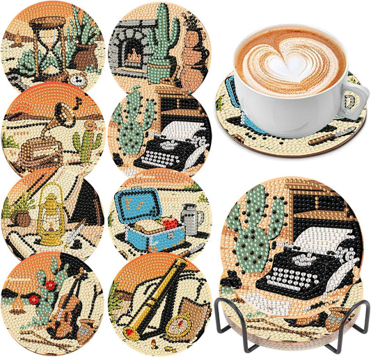 DOZEEZOP 8 PCS Landscape Diamond Art Coasters Kit, Abstract 5D Diamond Painting Coasters with Holder, Fall Small Diamond Art Kits for Adults Beginners, Diamond Dots Arts and Crafts Supplies