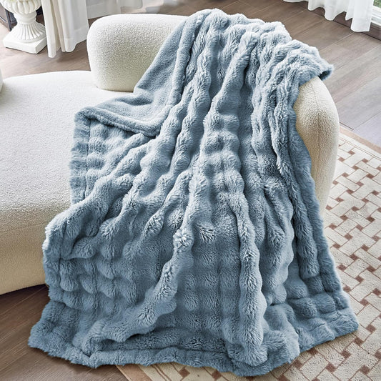 Faux Fur Lake Blue Throw Blanket for Couch - Super Soft Heavy Flufyy Thick Bubble Throw Blankets for Bed Bedroom Living Room Farmhouse Sofa Chair Fall Winter Warm, 50x60 Inch