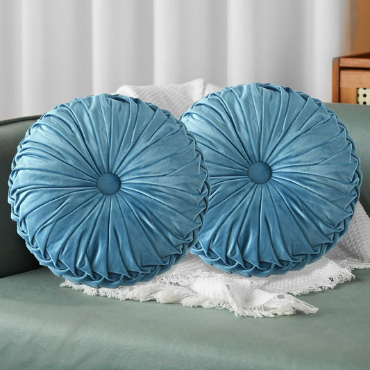 HIG Set of 2 Dusty Blue Ruched Velvet Round Throw Pillows – 14.5’’ Decorative Pillows with Soft Polyester Filling for Couch, Bed, Living Room, Bedroom, or Dorm – Handmade, Stress Relieving, All-Season