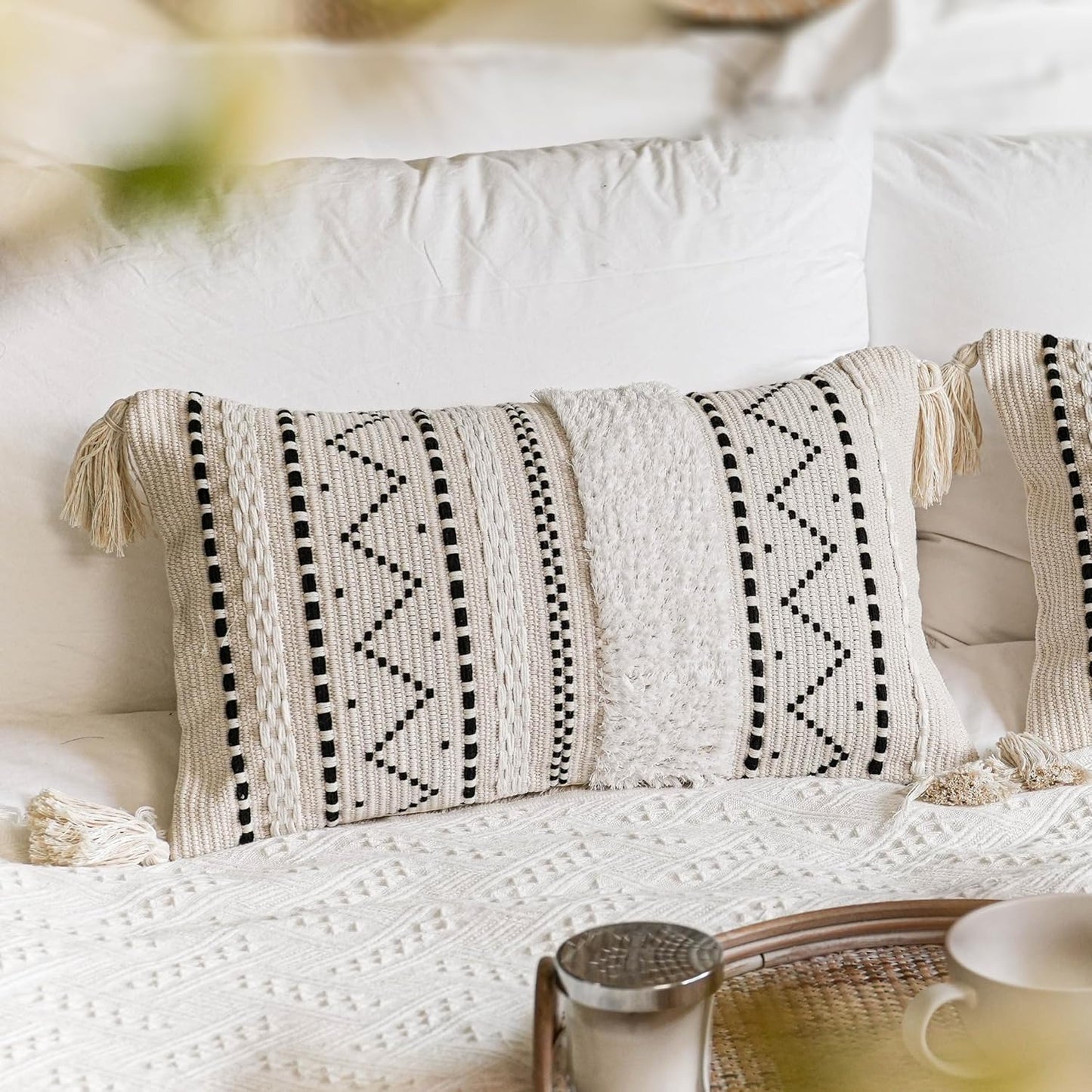 BlissBlush Decorative Lumbar Throw Pillow Cover 12x20 Rectangular Boho Accent Pillowcase Black Neutral White Farmhouse Cushion for Couch Sofa Bedroom Living Home Décor (Cover ONLY, Pack of 1)