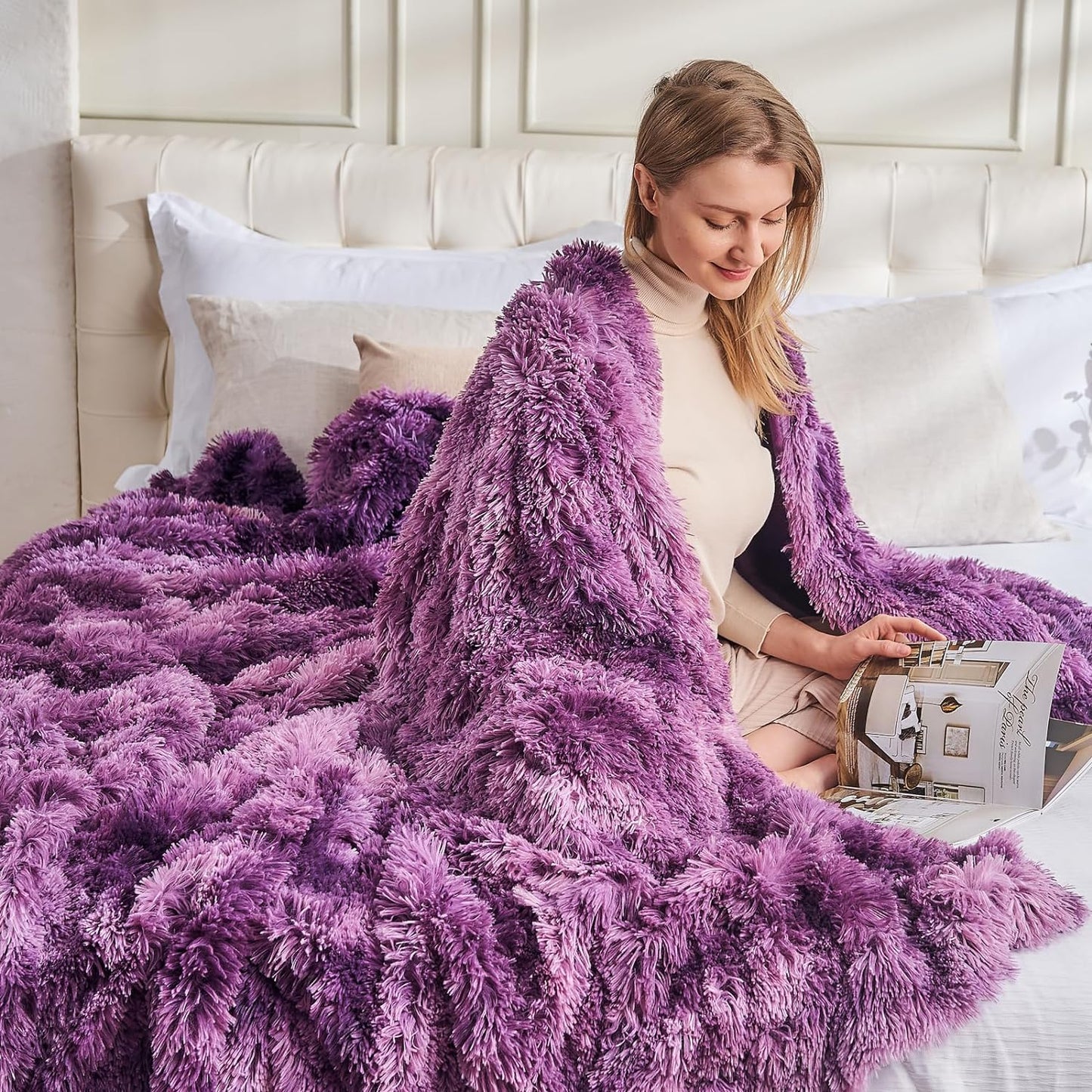 GONAAP Fuzzy Faux Fur Throw Blanket Queen Size Tie-dye Violet Purple Super Soft Cozy Plush Fuzzy Shaggy Blanket for Couch Sofa Bed (Tie-dye Violet Purple, Queen(90"x90"))