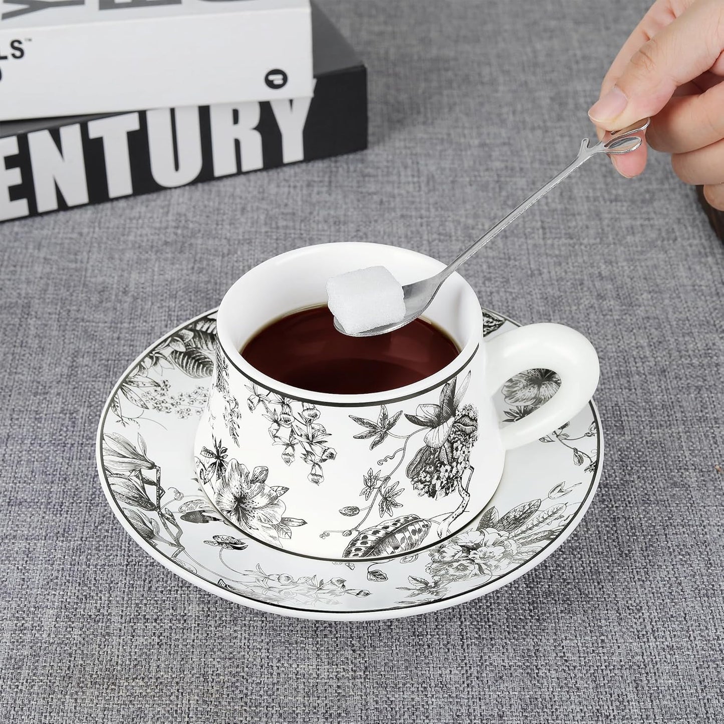 fanquare Ceramic Coffee Mug with Saucer Black Vintage Floral Tea Cup with Thick Handle Porcelain Modern Tea Cups for Office Party Breakfast, 8.5oz