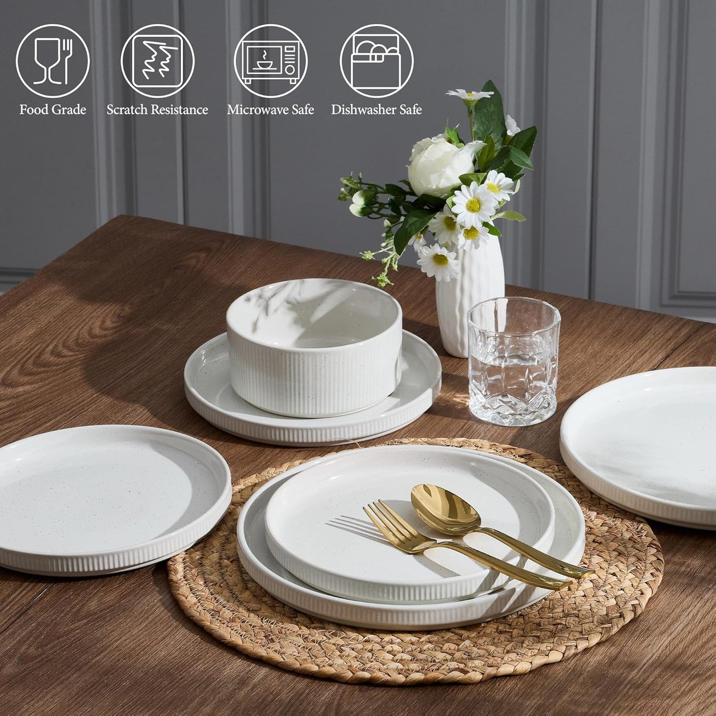 E-far Stoneware Dinnerware Sets, 18-Pieces Modern Plates and Bowls Sets, Kitchen Dinning Porcelain Dishes Set for 6, Chip & Scratch Resistant, Dishwasher & Microwave Safe, Speckled White