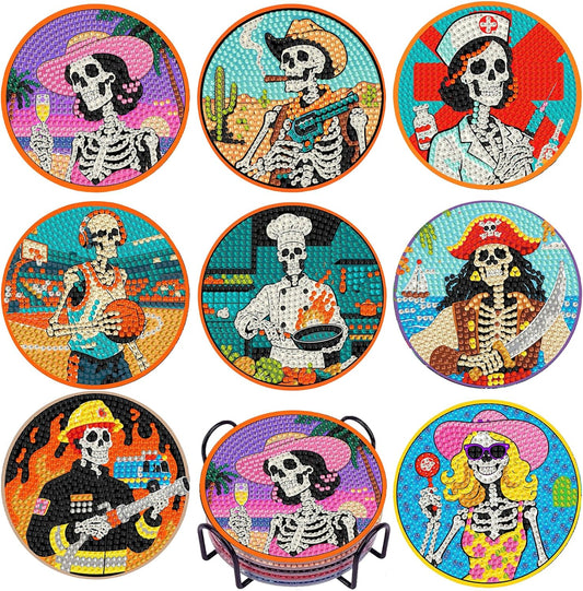 DOTSOPS Skull Diamond Painting Coaster with Holder 5D Diamond Art Kits for Adults Round Full Drill Beginners Gem Dots Craft Arts Supplies Party Home Decor 8pcs