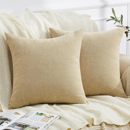 GAWAMAY Decorative Square Throw Pillow Covers 20x20 Inch Set of 2, Super Soft Chenille Pillows Farmhouse Fall Pillowcase for Living Room Bedroom Sofa Couch Cushion Cover Khaki 50x50cm (No Insert)