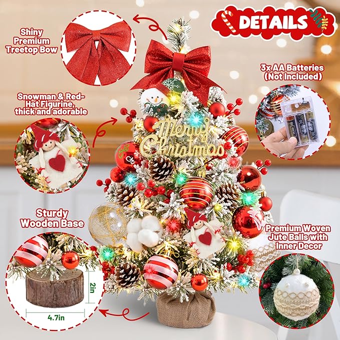 24 Inch Tabletop Christmas Tree with DIY Decorations,Snow Flocked Mini Xmas Tree with Multicolor LED Lights, Red Bow Topper, Pinecones, Rustic Wood Base, for Home Office Desk Classroom