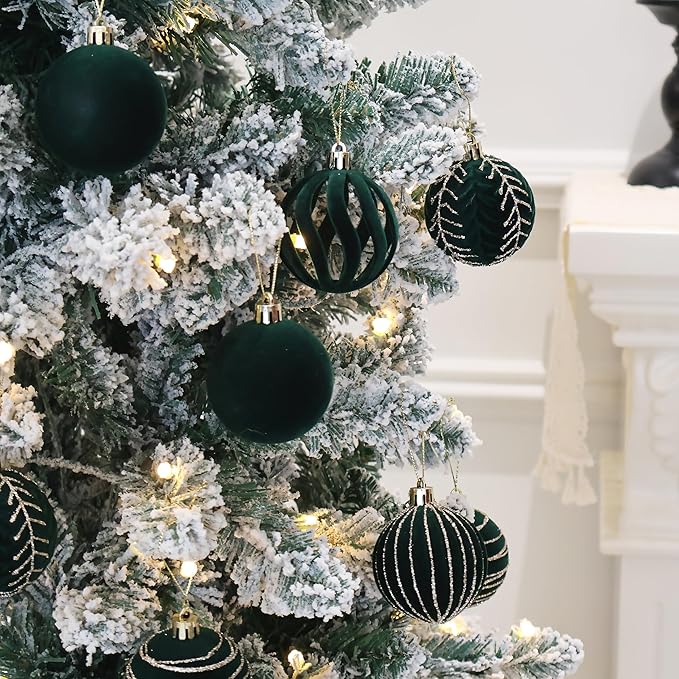 3.15INCH Green Velvet Ornaments for Christmas Tree, 12PCS Glitter Flocked Christmas Ornaments Decorations Balls Set Decor