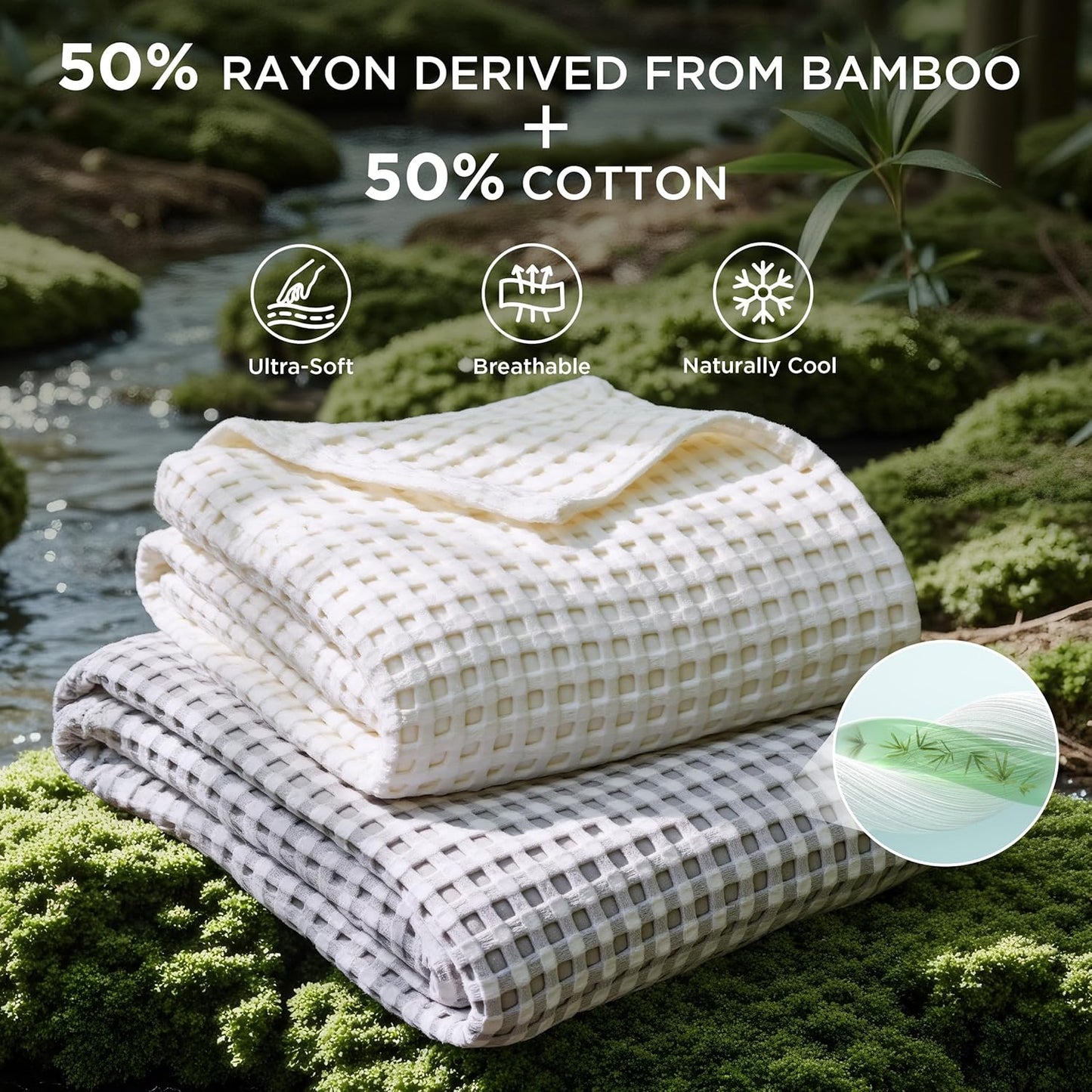 Bedsure Cooling Cotton Waffle Queen Size Blanket - Lightweight Breathable Summer Soft Blanket of Rayon Derived from Bamboo for Hot Sleepers, Luxury Throws for Bed, Couch and Sofa, Ivory, 90x90 Inches