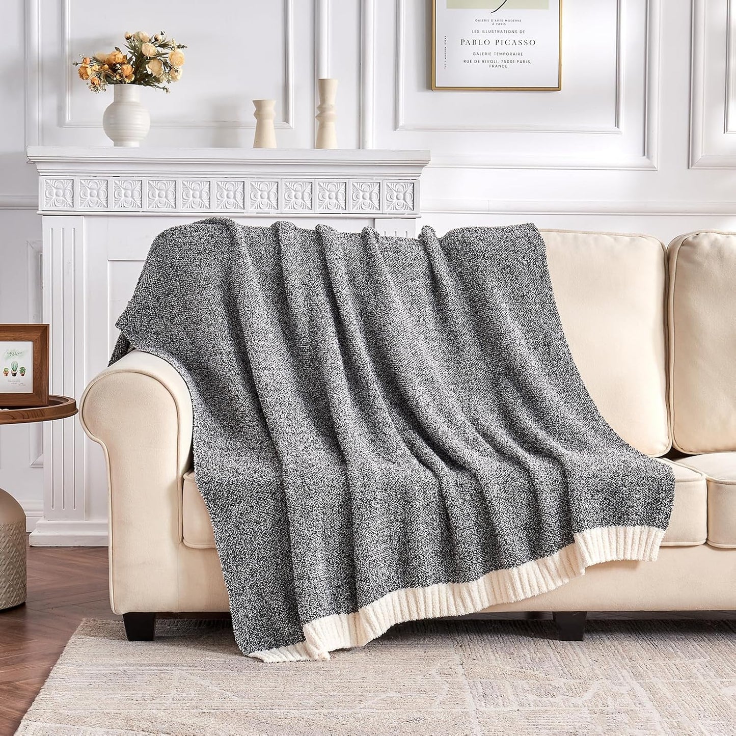 CozeCube Super Soft Fullfy Microfiber Reversible Knitted Blankets, Warm Cozy Fuzzy Plush Throw, Black and White Melange Throw Blanket for Couch Bed Sofa, 60" x 80"