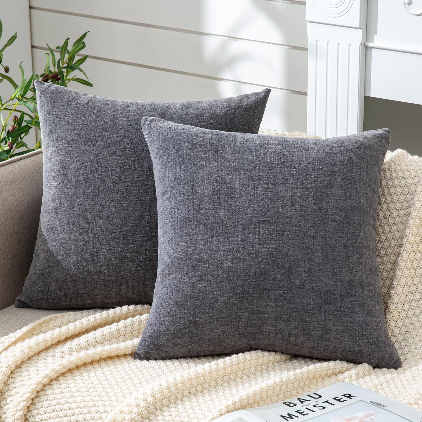 GAWAMAY Decorative Square Throw Pillow Covers 18"x18" Inch Set of 2, Super Soft Chenille Pillows Farmhouse Fall Pillowcase for Living Room Bedroom Sofa Couch Cushion Cover Grey 45x45cm (No Insert)