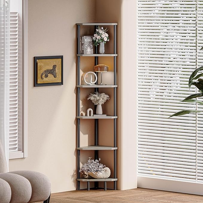 6 Tier Corner Shelf, 66.5'' Tall Standing Shelf, Narrow Display Shelf Stand, Modern Corner Bookshelf, Plant Stand, Corner Bookcase for Living Room, Bedroom, Bathroom, Oak LCS502Q