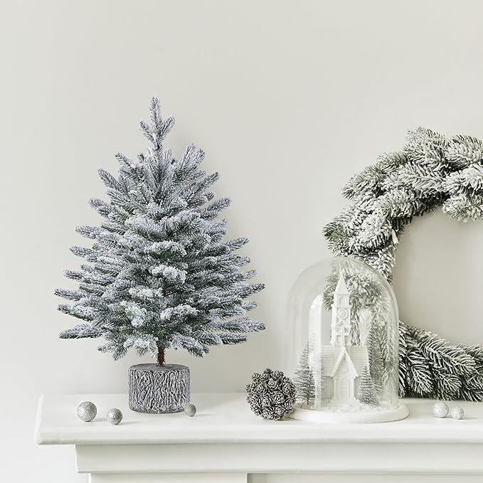 Yaheetech 2FT Pre-lit Potted Flocked Christmas Tree, Snow Frosted Mini Tabletop Artificial Christmas Tree with 35 Warm White LED Lights and 262 PE Branch Tips for Holiday Decoration