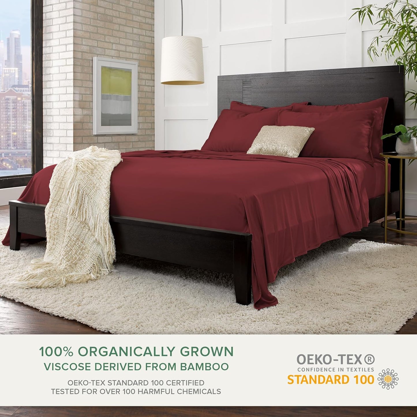 King Sheets by Pure Bamboo, Genuine 100% Organic Viscose Derived from Bamboo Bed Sheet Set, Luxuriously Soft & Cooling, Double Stitching, Lifetime Quality Promise (King, Merlot)
