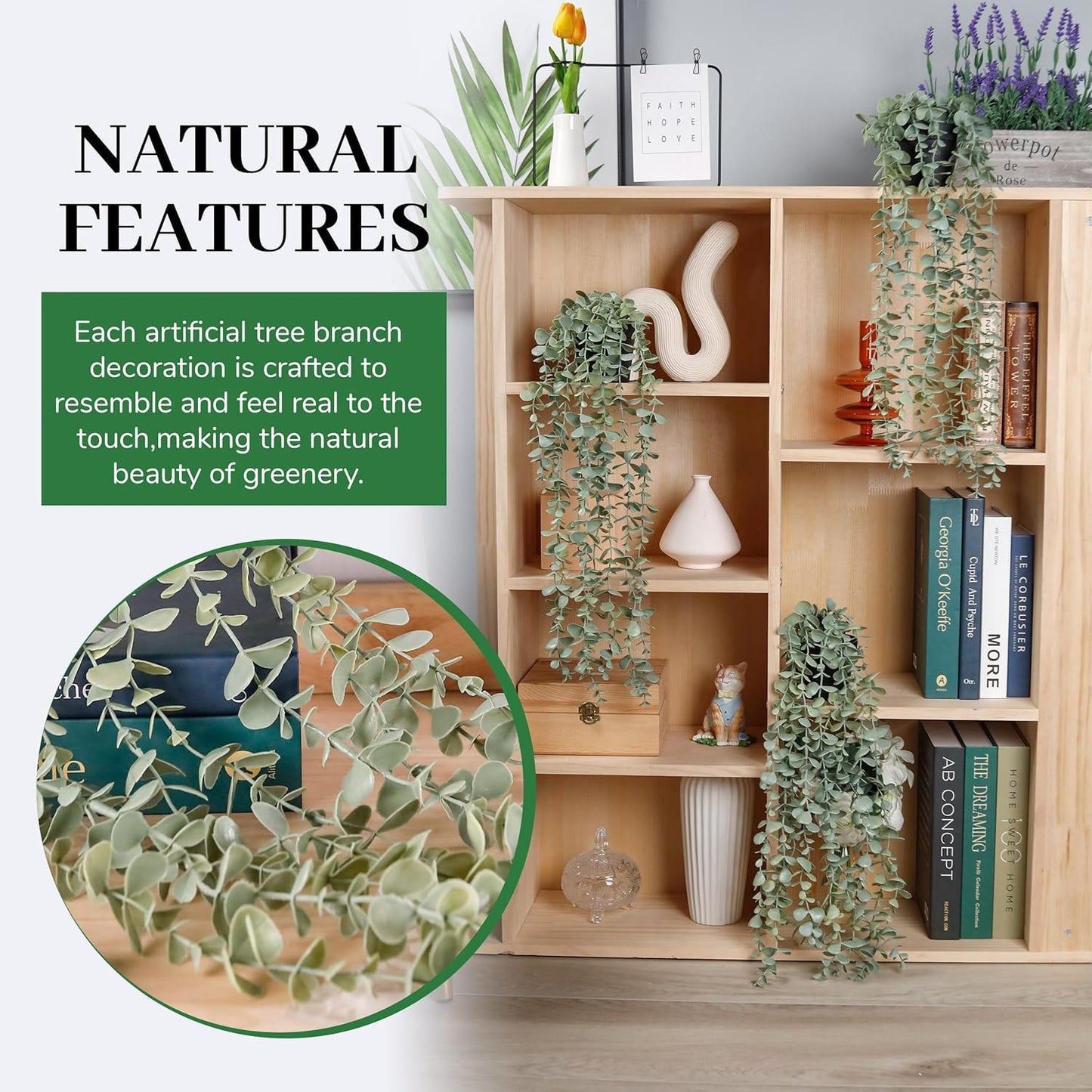 Der Rose 3Pcs Fake Plants Hanging Artificial Decor Faux Potted Eucalyptus Plants for Boho Bathroom Home Office Desk Wall Shelf Bookcase Accessories Decor Indoor