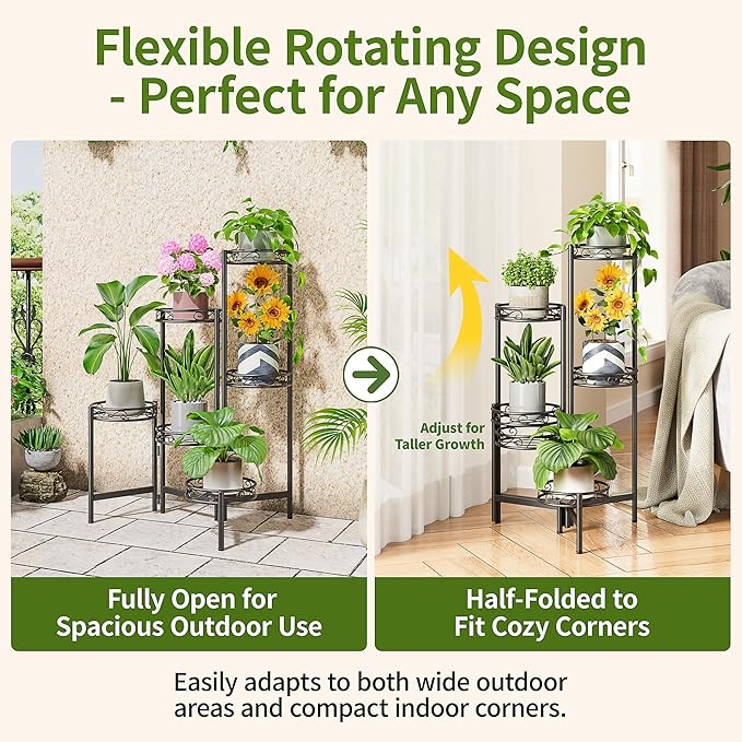 Plant Stand Indoor Outdoor, 6 Tier Metal Flower Shelf for Multiple Plants Corner Tall Floding Flower Holders for Patio Garden Living Room Balcony Bedroom - BlackCircle