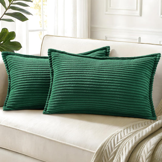 decorUhome Christmas Corduroy Green Throw Pillow Covers 12x20 Set of 2 Decorative Soft Boho Farmhouse Lumbar Euro Couch Pillow Covers for Living Room Bed Sofa Broadside Striped Pillow Cases