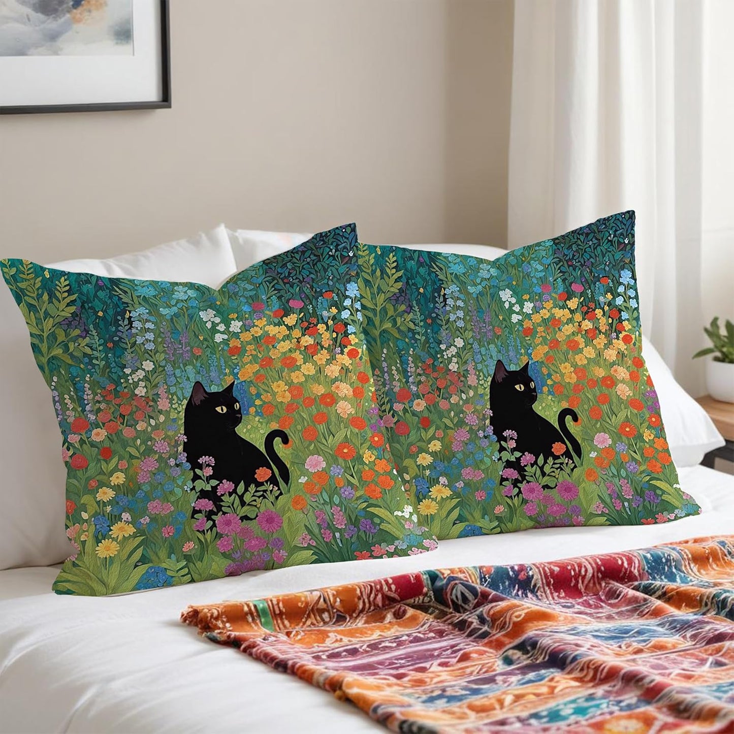 Floral Black Cat Pillow Covers 18x18, Cats Lovers Lady Gifts, Cat Mom Grandma Gifts, Cats in Colorful Wildflower Decorative Pillow Covers for Home Bedroom Living Room Office Decor