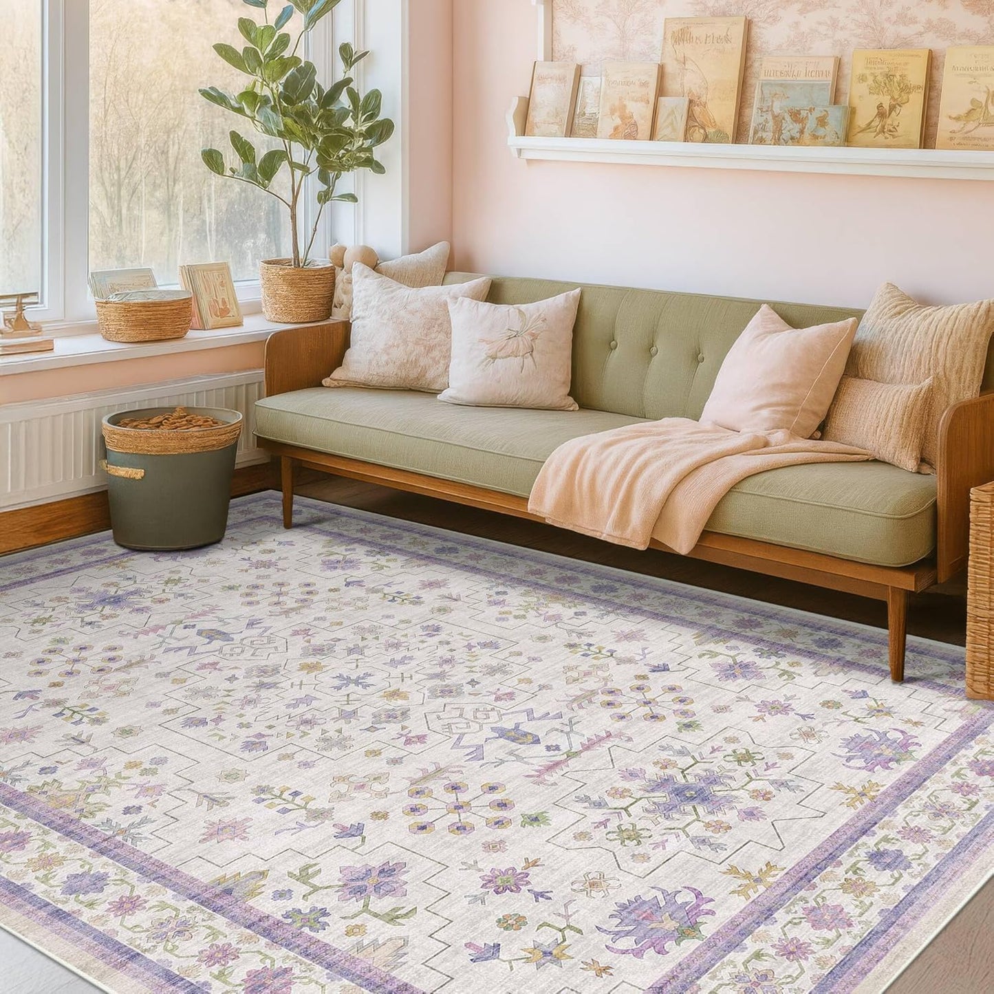 Light Purple Rug for Girls Bedroom, 5x8 Washable Floral Area Rug for Nursery Kids Room, Living Room, Lavender Dorm Decor, Non Slip Low Pile Pastel Foldable Carpet