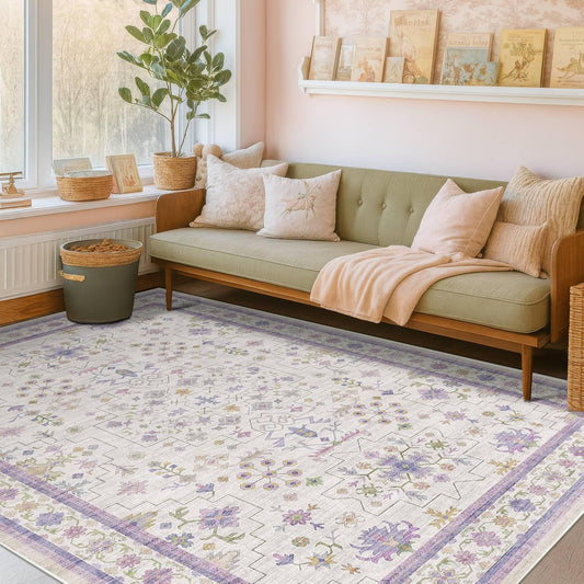 Light Purple Rug for Girls Bedroom, 5x8 Washable Floral Area Rug for Nursery Kids Room, Living Room, Lavender Dorm Decor, Non Slip Low Pile Pastel Foldable Carpet