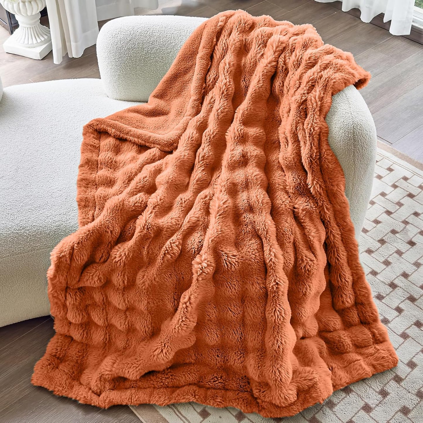 Faux Fur Caramel Orange Throw Blanket for Couch - Super Soft Heavy Flufyy Thick Bubble Throw Blankets for Bed Bedroom Living Room Farmhouse Sofa Chair Fall Winter Warm, 50x60 Inch