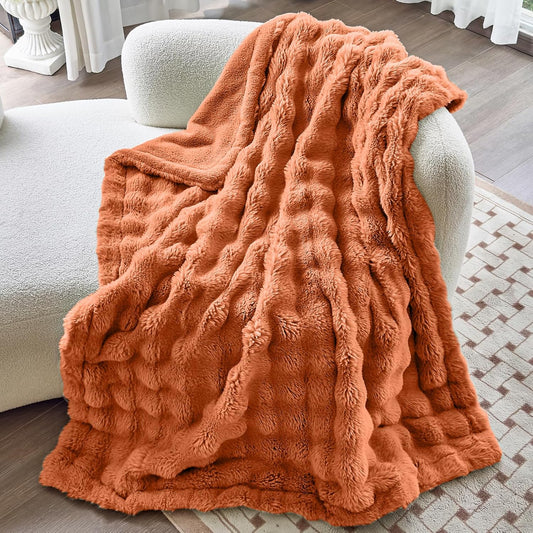 Faux Fur Caramel Orange Throw Blanket for Couch - Super Soft Heavy Flufyy Thick Bubble Throw Blankets for Bed Bedroom Living Room Farmhouse Sofa Chair Fall Winter Warm, 50x60 Inch