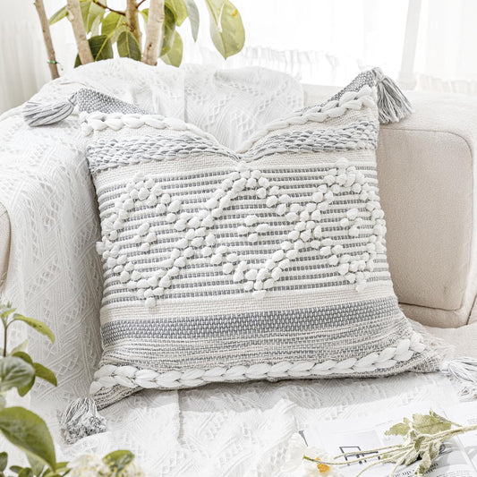 BlissBlush Gray Cream White Boho Throw Pillow Cover 20X20, Boho Woven Textured Pillow Cover, Neutral Pillow Cover, Sofa Couch Bed Farmhouse Lumbar Pillow (Cover ONLY)