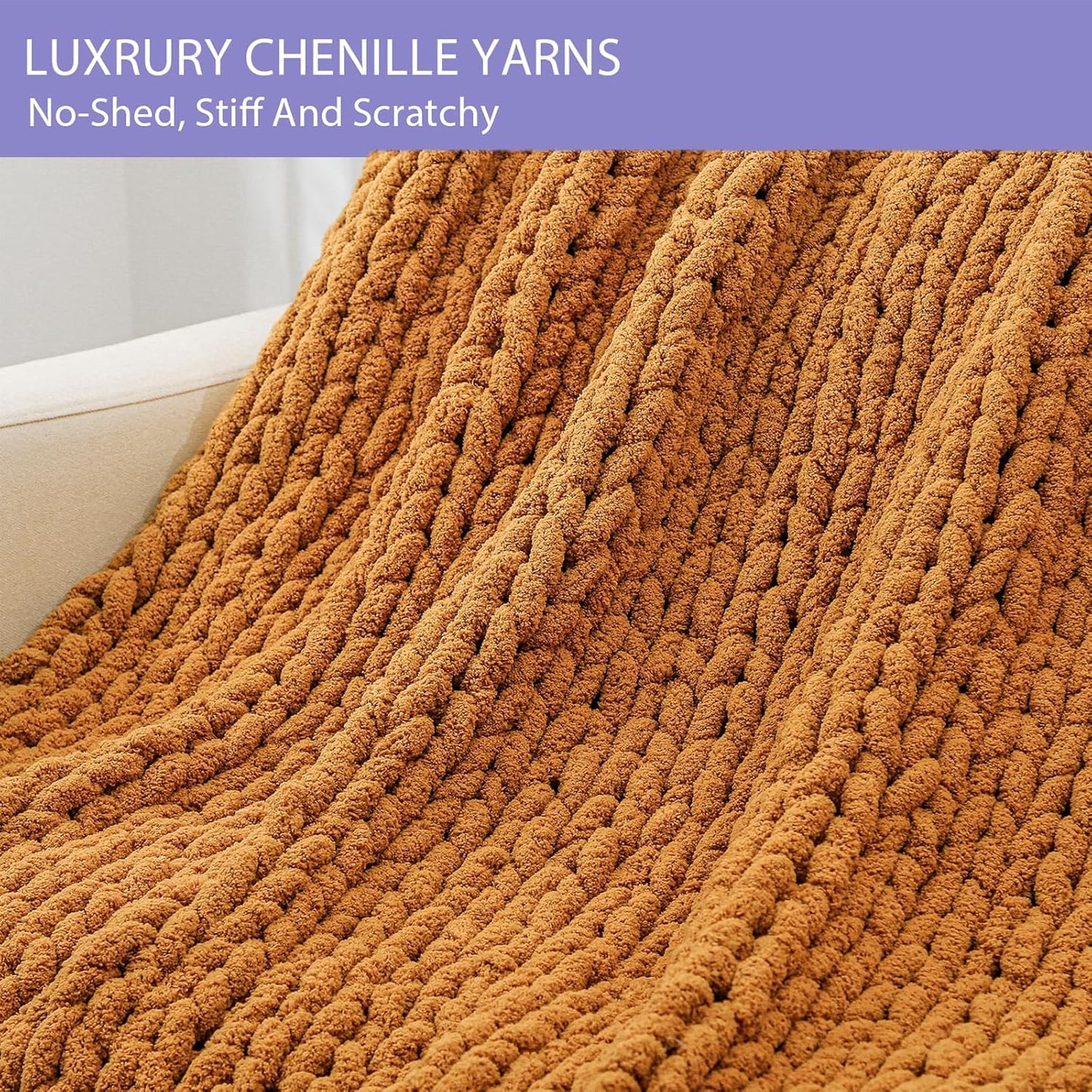 Bigacogo Chunky Knit Throw Blanket for Couch, 40x80 inches, 100% Hand Knitted with Thick Jumbo Chenille Yarn, Cozy Soft Large Rope Knot Cable Crochet Blankets for Sofa Bed Living Room, Burnt Orange